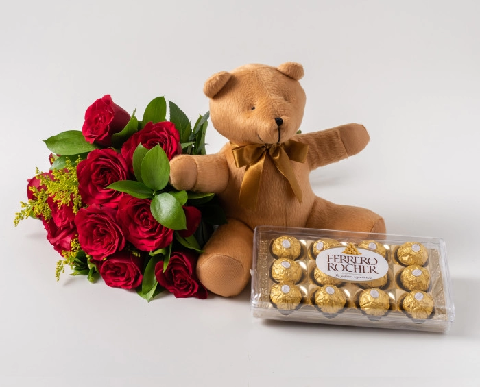 Combo: Flores, Urso e Chocolate